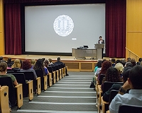 Chancellor Leland addresses the crowd during the staff convocation.